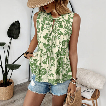 Leaf Print Sleeveless Top with Lace-Up V-Neck and Pleats