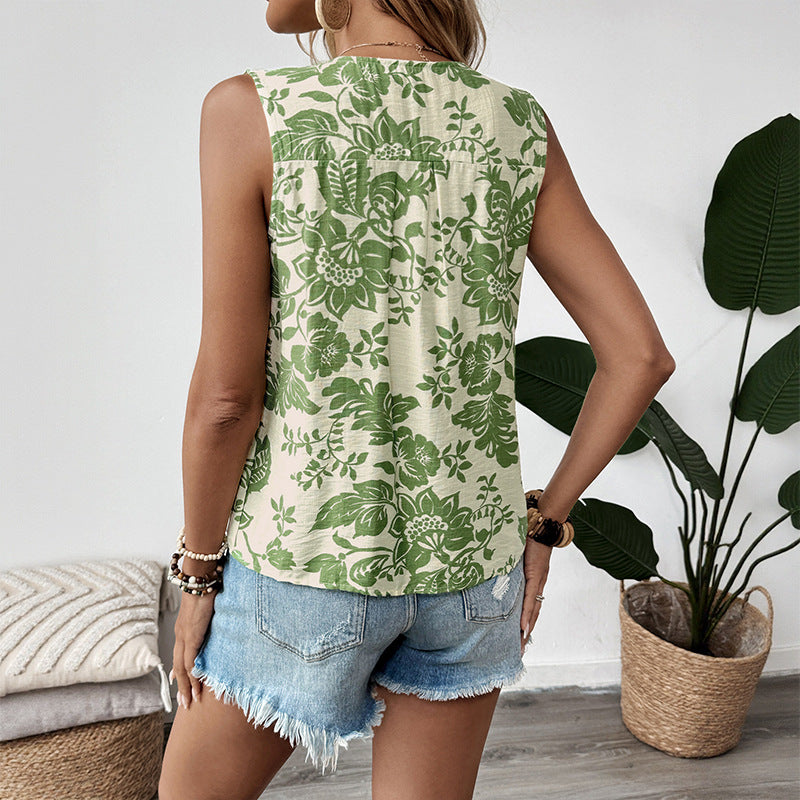 Leaf Print Sleeveless Top with Lace-Up V-Neck and Pleats