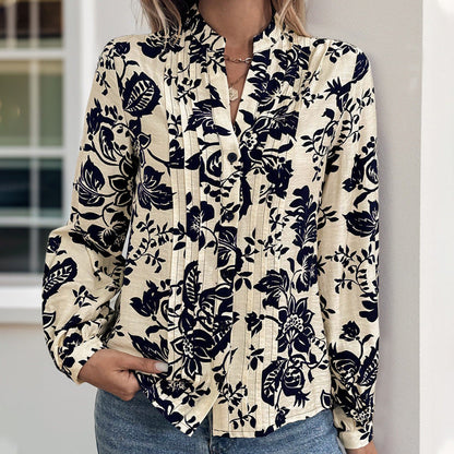 Floral Print Blouse with Mandarin Collar and Pleated Front