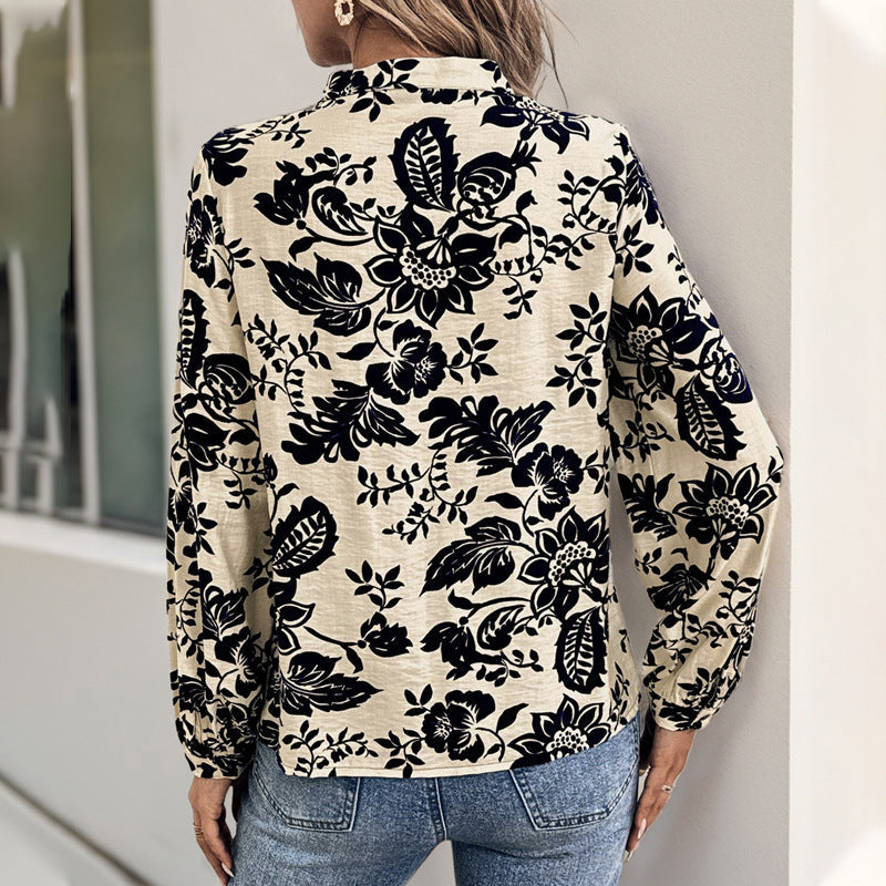 Floral Print Blouse with Mandarin Collar and Pleated Front