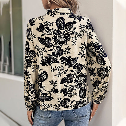 Floral Print Blouse with Mandarin Collar and Pleated Front