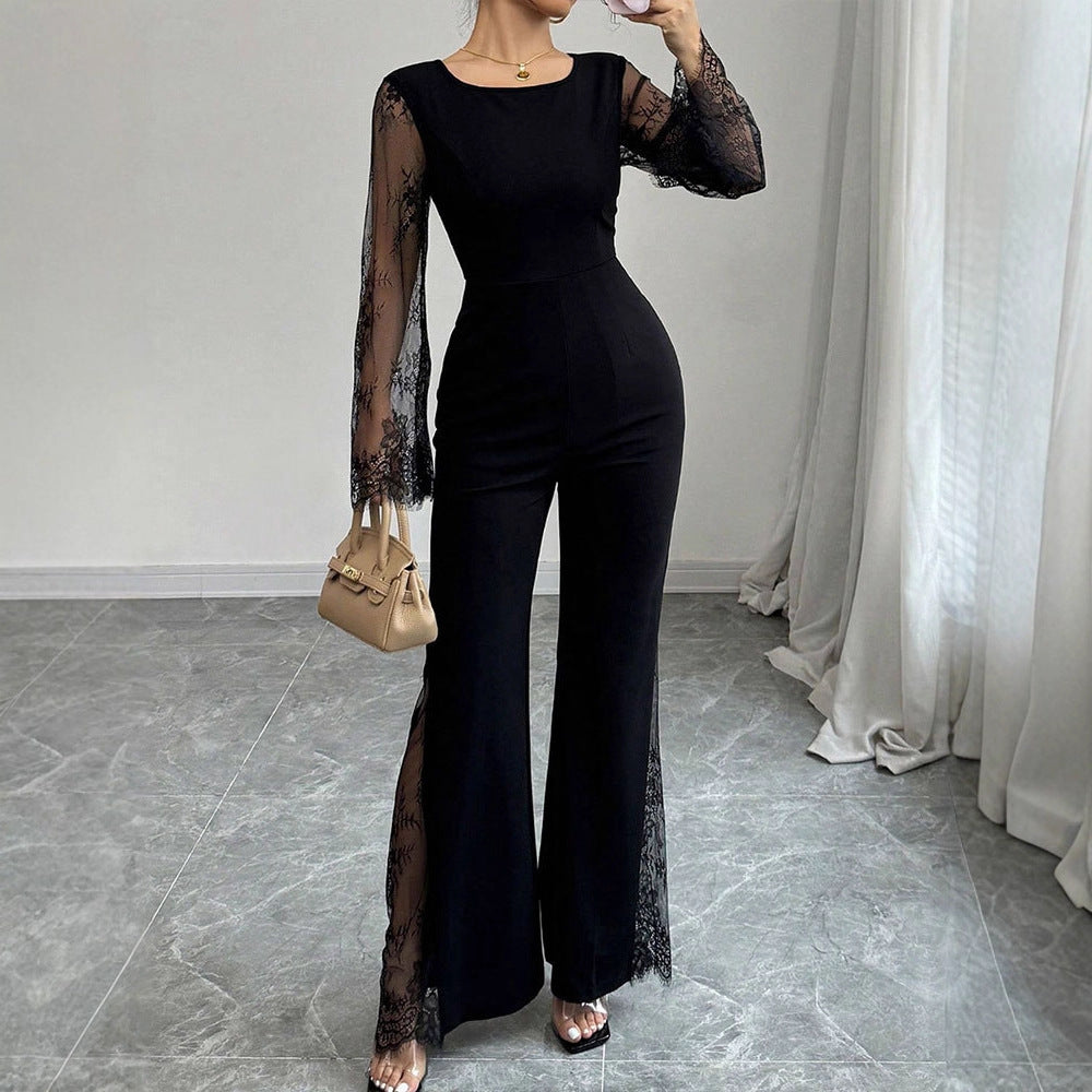 Wide-Leg Jumpsuit with Sheer Lace Sleeves and Leg Inserts