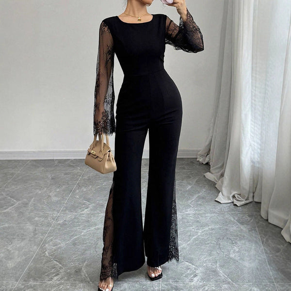 Wide-Leg Jumpsuit with Sheer Lace Sleeves and Leg Inserts
