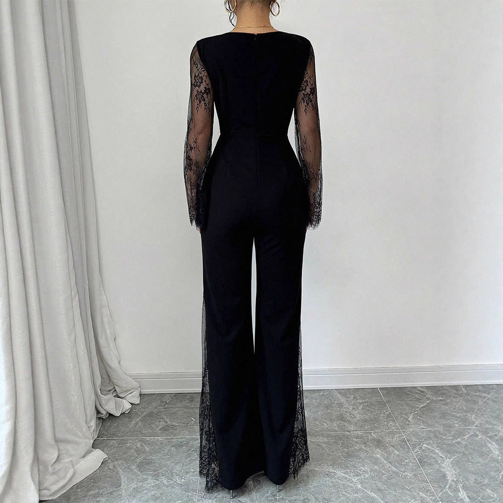 Wide-Leg Jumpsuit with Sheer Lace Sleeves and Leg Inserts