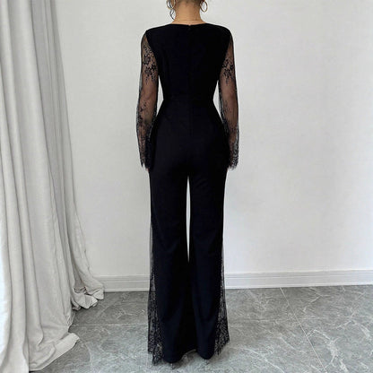Wide-Leg Jumpsuit with Sheer Lace Sleeves and Leg Inserts