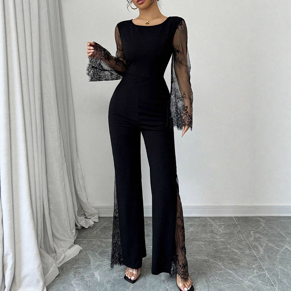 Wide-Leg Jumpsuit with Sheer Lace Sleeves and Leg Inserts