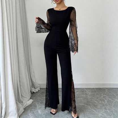 Wide-Leg Jumpsuit with Sheer Lace Sleeves and Leg Inserts