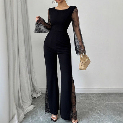 Wide-Leg Jumpsuit with Sheer Lace Sleeves and Leg Inserts