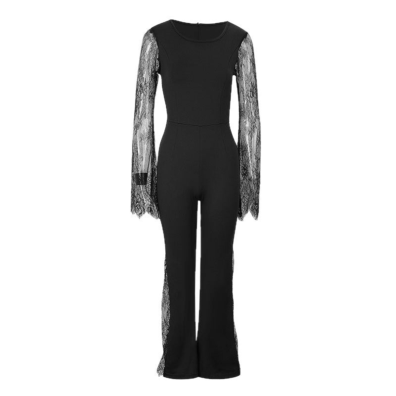 Wide-Leg Jumpsuit with Sheer Lace Sleeves and Leg Inserts
