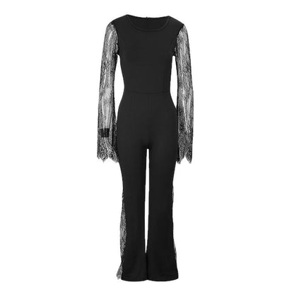 Wide-Leg Jumpsuit with Sheer Lace Sleeves and Leg Inserts
