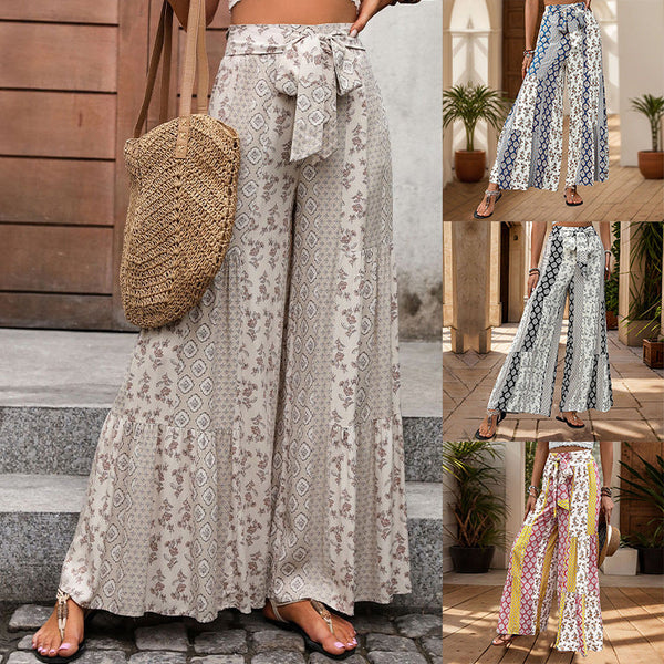 Floral Print Wide-Leg Pants with Tiered Hem and Tie-Waist