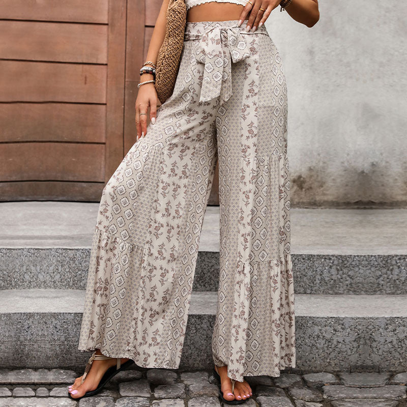 Floral Print Wide-Leg Pants with Tiered Hem and Tie-Waist