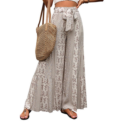 Floral Print Wide-Leg Pants with Tiered Hem and Tie-Waist