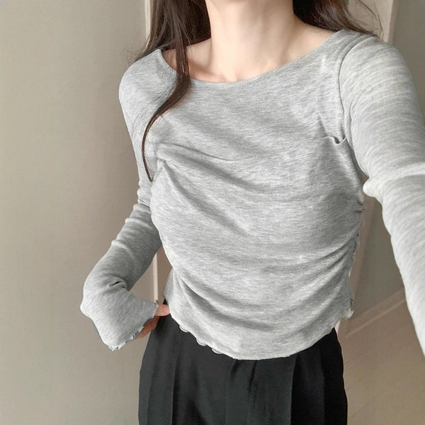 Slim Fit Long Sleeve T-Shirt with Ruched Detail and Lettuce Hem