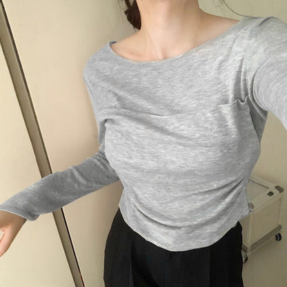 Slim Fit Long Sleeve T-Shirt with Ruched Detail and Lettuce Hem