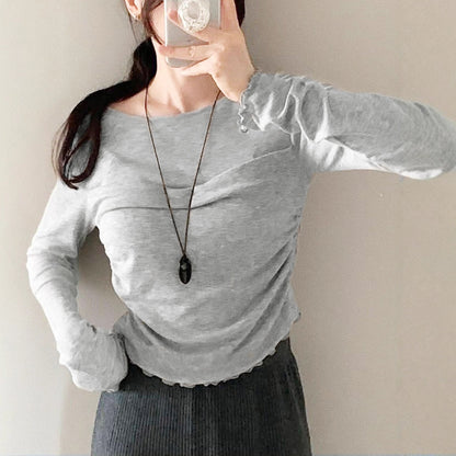 Slim Fit Long Sleeve T-Shirt with Ruched Detail and Lettuce Hem