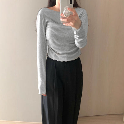 Slim Fit Long Sleeve T-Shirt with Ruched Detail and Lettuce Hem