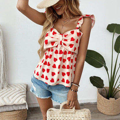 Heart Print Peplum Camisole with Oversized Bow and Ruffle Straps