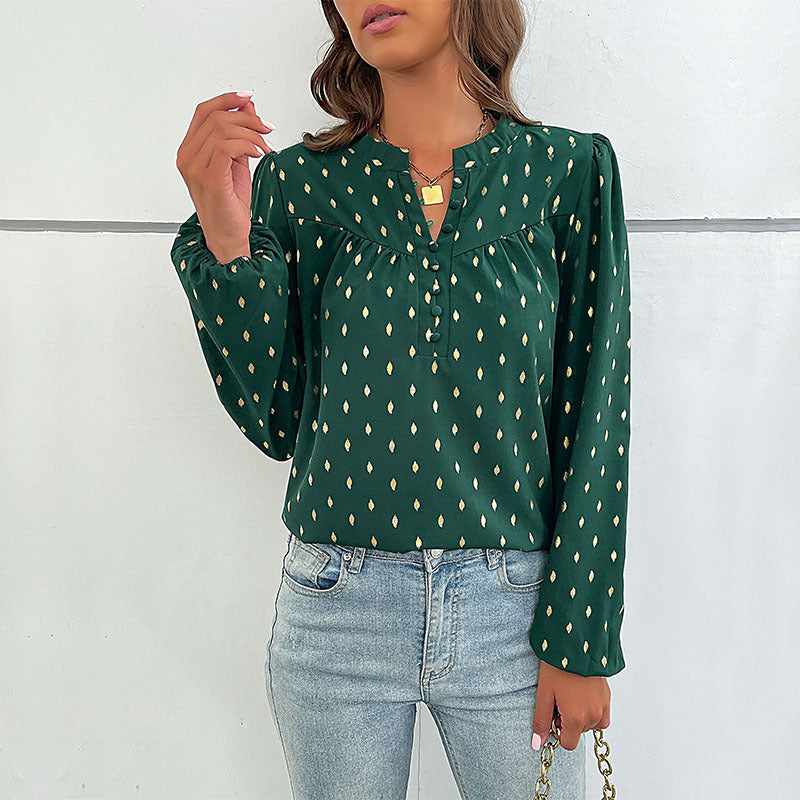 Diamond Pattern Long Sleeve Blouse with Buttoned V-Neck