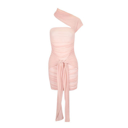 Ruched Bodycon Mini Dress with Asymmetric Cutout and Draped Detail