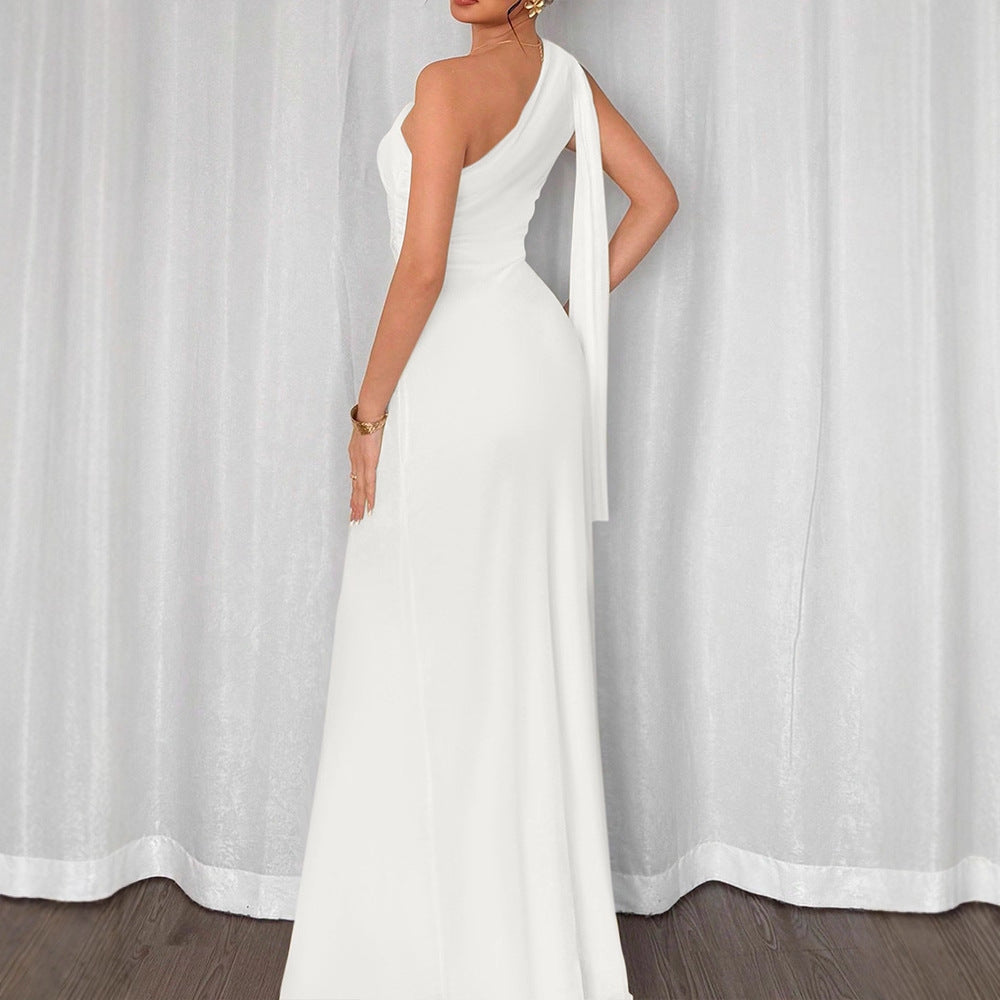 One-Shoulder Bodycon Maxi Dress with Draped Ribbon Detail