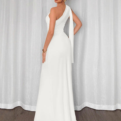 One-Shoulder Bodycon Maxi Dress with Draped Ribbon Detail