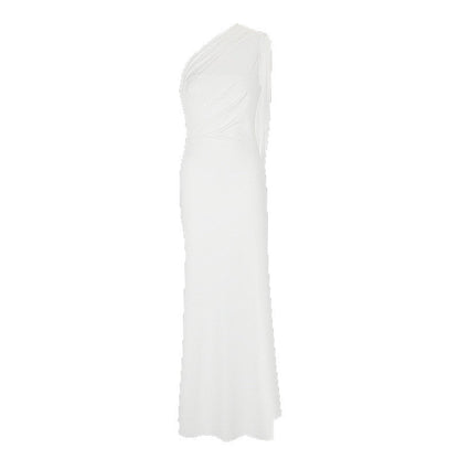 One-Shoulder Bodycon Maxi Dress with Draped Ribbon Detail