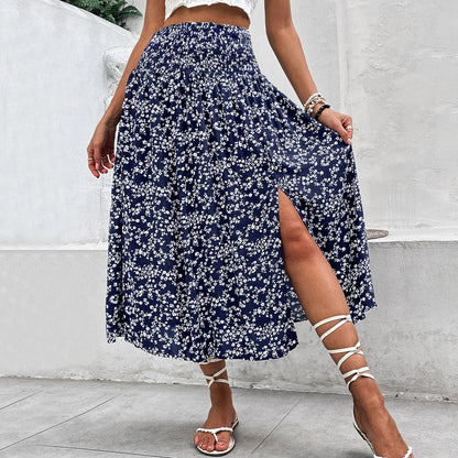 Floral A-Line Midi Skirt with Smocked Waist and Side Split