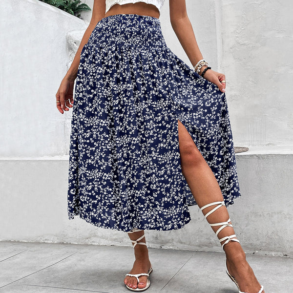 Floral A-Line Midi Skirt with Smocked Waist and Side Split