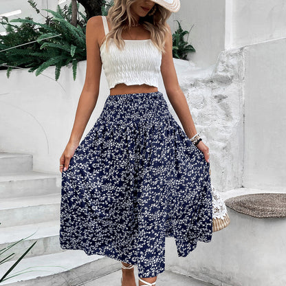 Floral A-Line Midi Skirt with Smocked Waist and Side Split