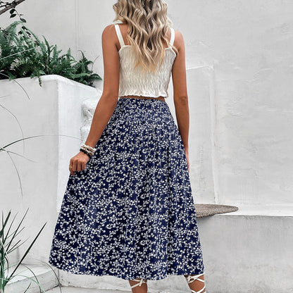 Floral A-Line Midi Skirt with Smocked Waist and Side Split