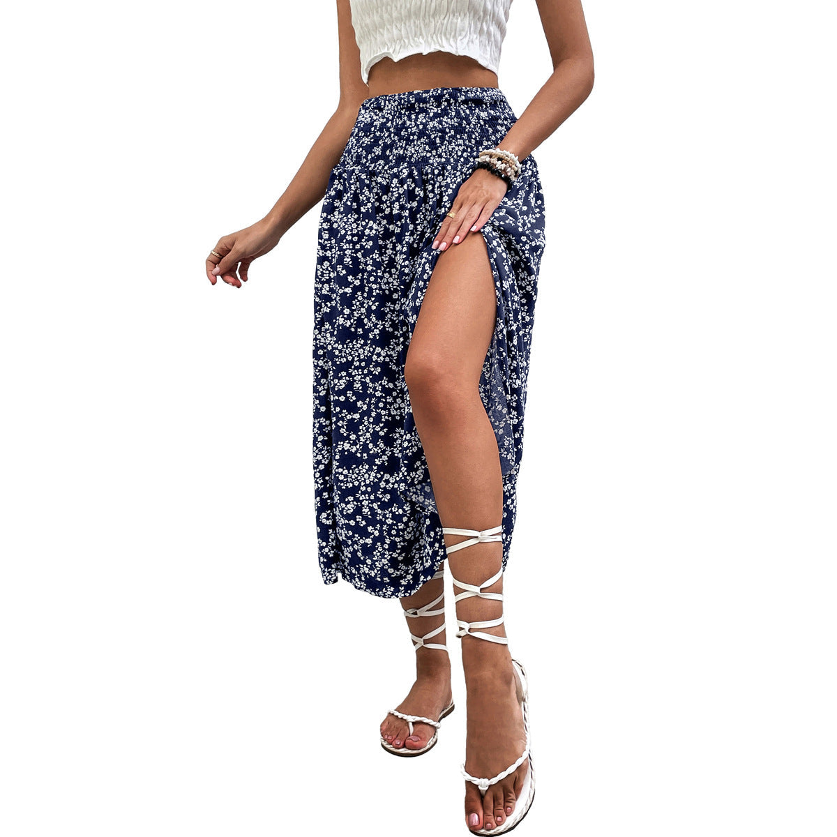 Floral A-Line Midi Skirt with Smocked Waist and Side Split