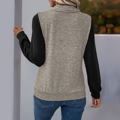 Color-Block Pullover with Buttoned Stand Collar and Pocket