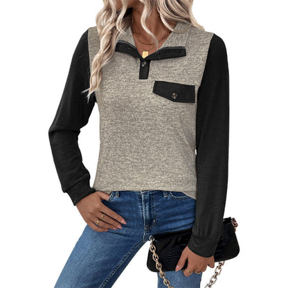 Color-Block Pullover with Buttoned Stand Collar and Pocket