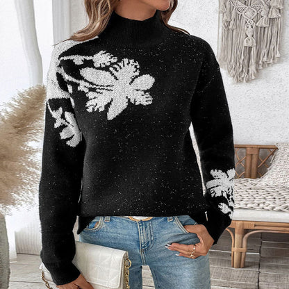 Loose Fit Floral Jacquard Sweater with Turtleneck