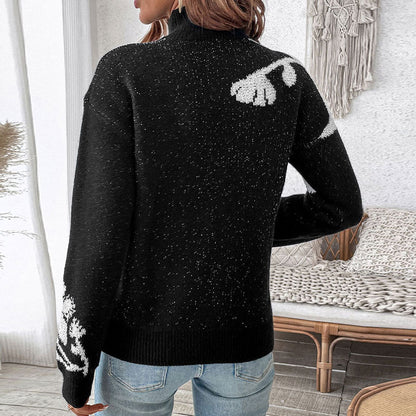 Loose Fit Floral Jacquard Sweater with Turtleneck