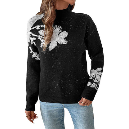 Loose Fit Floral Jacquard Sweater with Turtleneck
