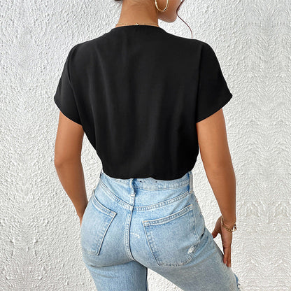 Surplice V-Neck Bodysuit with Pleated Batwing Sleeves