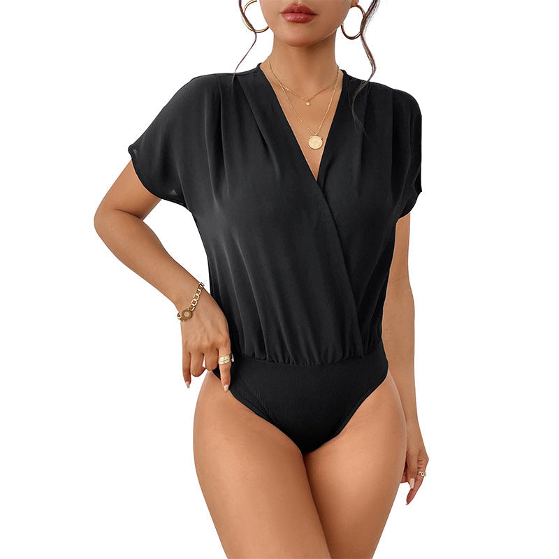 Surplice V-Neck Bodysuit with Pleated Batwing Sleeves