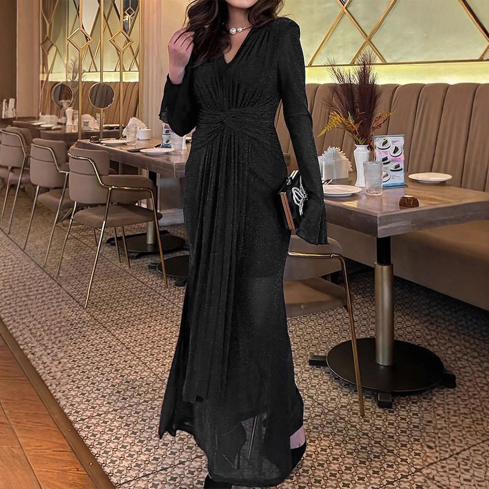 Shimmering Sheath Maxi Dress with V-Neck and Flared Sleeves