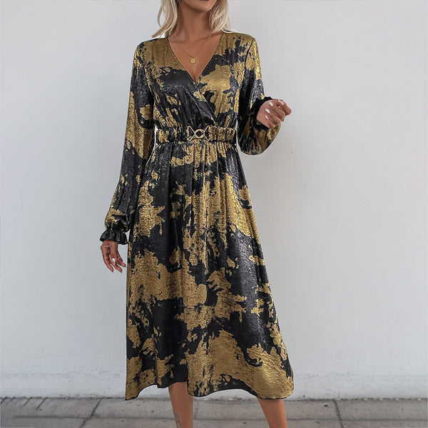 A-Line Midi Dress with Metallic Hot Stamping and V-Neck