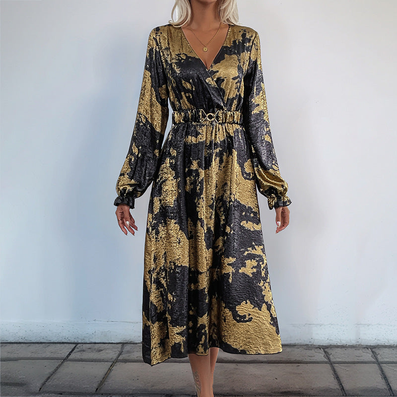 A-Line Midi Dress with Metallic Hot Stamping and V-Neck