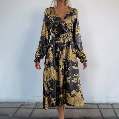 A-Line Midi Dress with Metallic Hot Stamping and V-Neck
