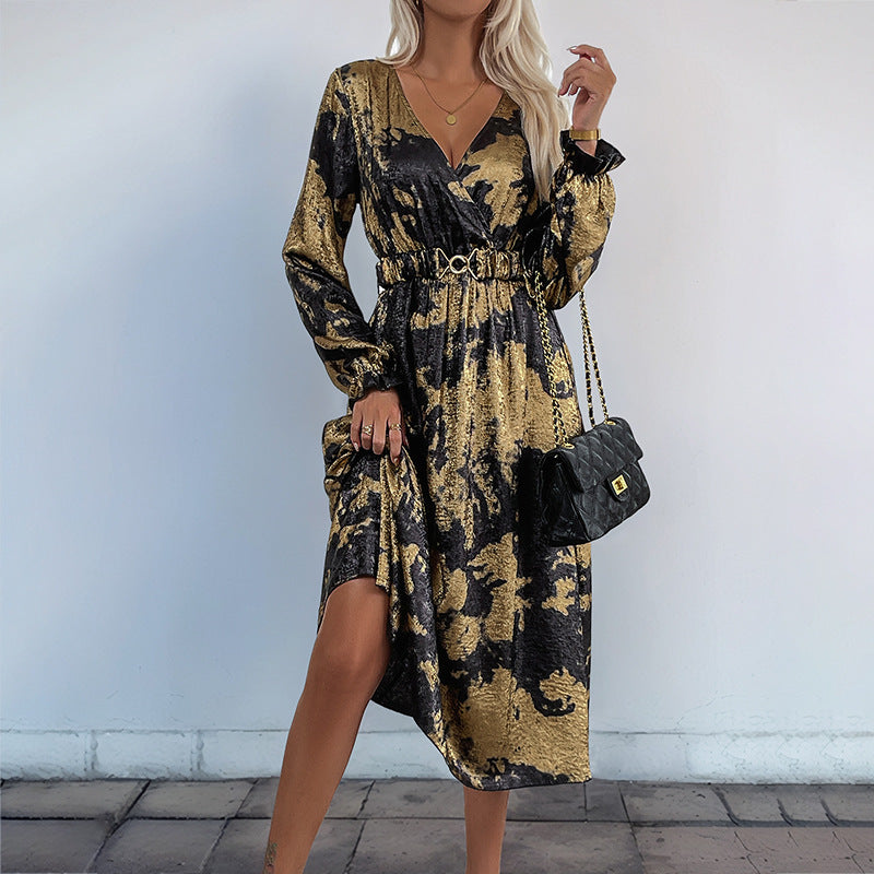 A-Line Midi Dress with Metallic Hot Stamping and V-Neck