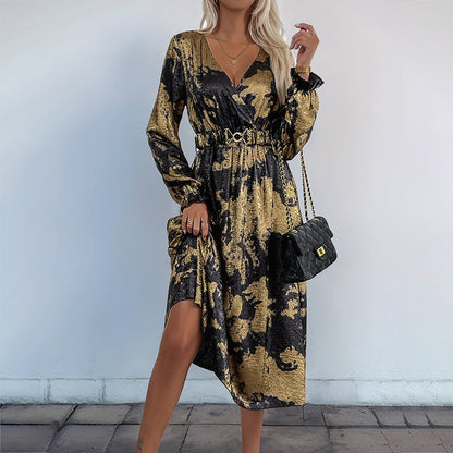 A-Line Midi Dress with Metallic Hot Stamping and V-Neck