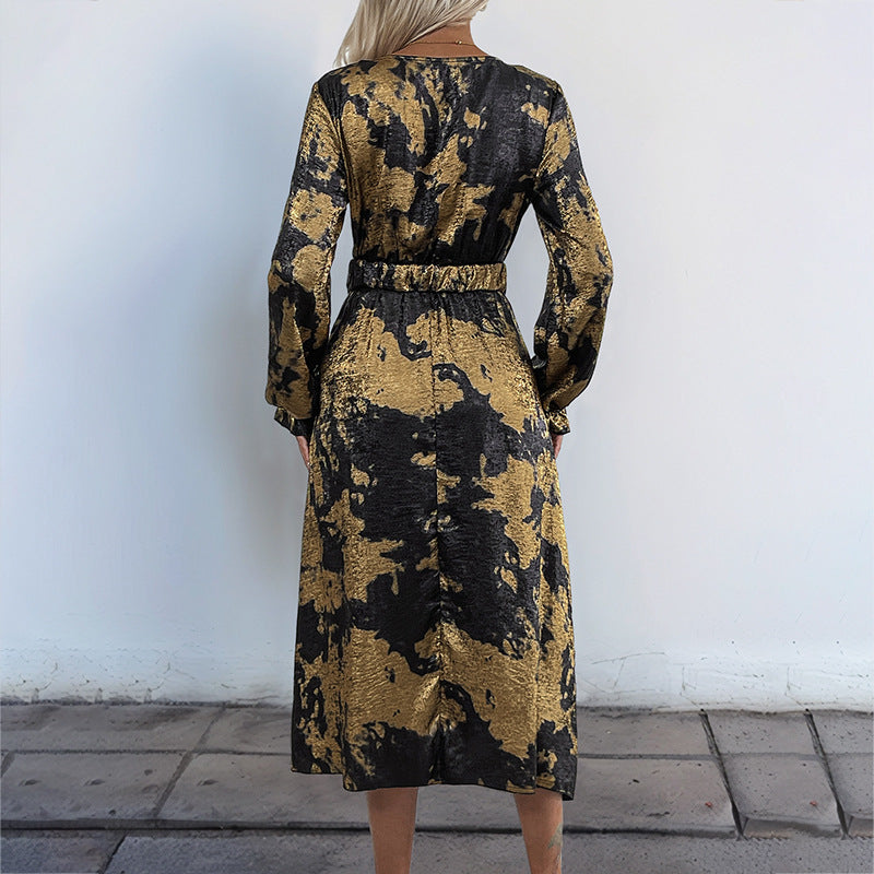 A-Line Midi Dress with Metallic Hot Stamping and V-Neck