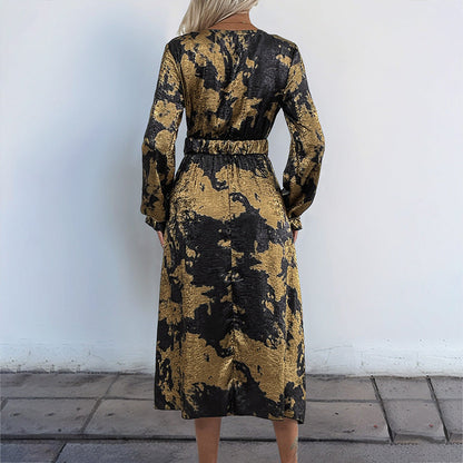 A-Line Midi Dress with Metallic Hot Stamping and V-Neck