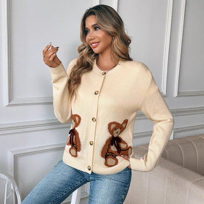 Bear Pattern Knit Cardigan with Round Neck and Button Front