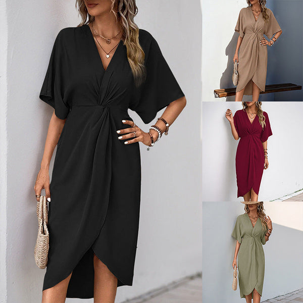 Twist Front Midi Dress with V-Neck and Raglan Sleeves