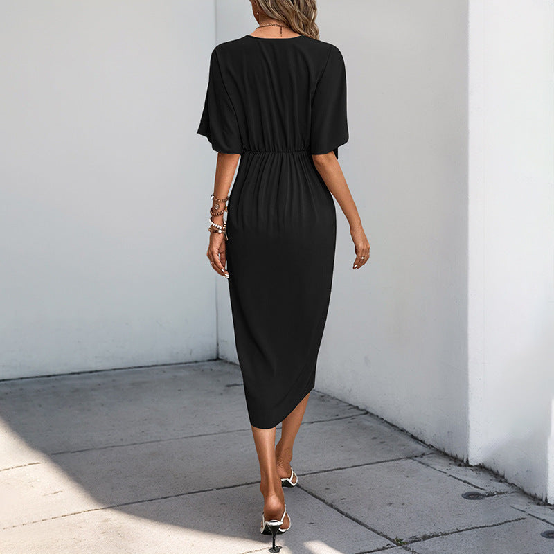 Twist Front Midi Dress with V-Neck and Raglan Sleeves